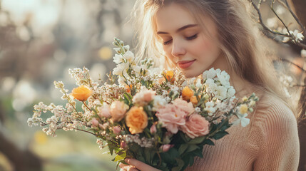 Young woman in a garden smelling a bouquet of flowers, surrounded by blurred foliage and warm sunlight.