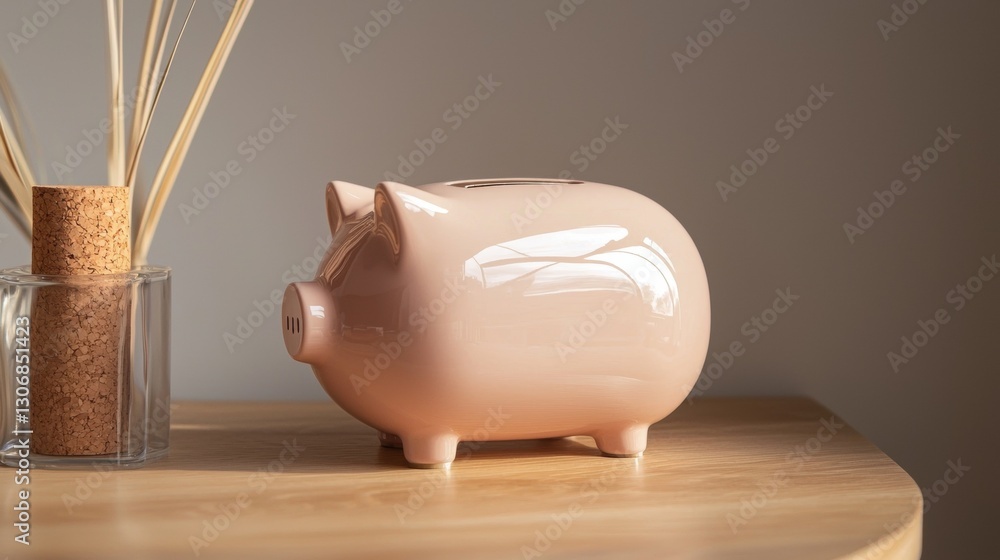 Poster pink piggy bank sitting on a wooden table. the bank is in the shape of a pig with a curved body and 