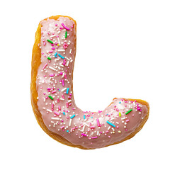 Letter L Shaped Donut with Pink Frosting and Sprinkles in transparent