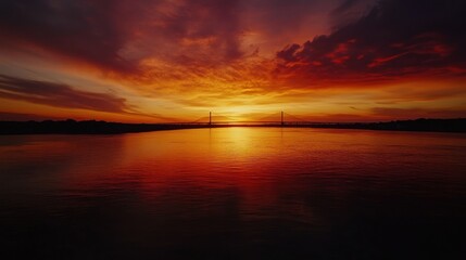 Naklejka premium Dramatic Sunset over River with Bridge