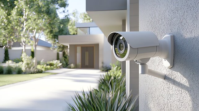 Outdoor security camera installed on house exterior, monitoring home entrance with modern design.
