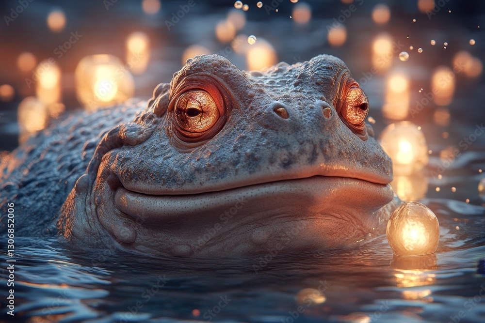 Poster a magical amphibian glowing with mystical energy, surrounded by tiny floating orbs of light