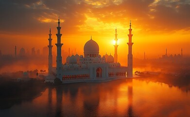Fototapeta premium Grand Mosque Silhouette at Sunset with Reflective Water