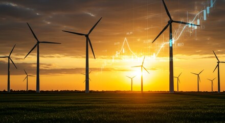Wind turbine farm at sunset, digital graph overlay