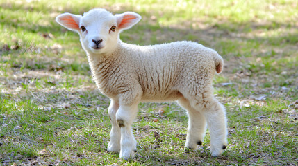 Obraz premium Fluffy Lamb Portrait: A white lamb stands in a grassy field, looking at the camera with curious eyes.