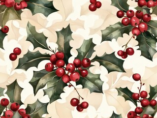 Classic Holiday Pattern of Holly Leaves and Berries on Cream Background
