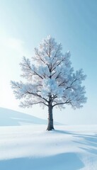 Fototapeta premium A solitary tree on a pristine white snowfield, frosty environment, snow