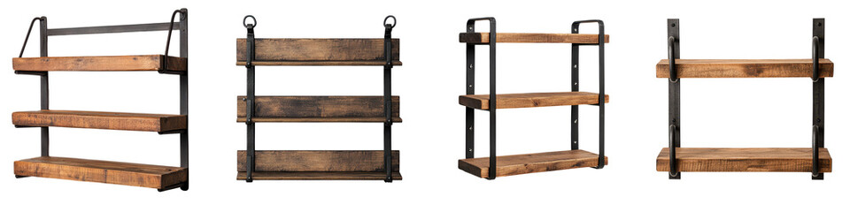 Obraz premium Rustic industrial style wooden shelves with minimalist metal frame and accents perfect for modern home and office decor storage and display