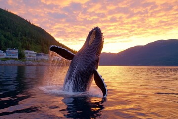 Fototapeta premium A majestic humpback whale breaching out of the ocean at sunset, water cascading off its massive body