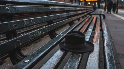 Black hat resting on a wooden bench on a sidewalk. the bench appears to be old and weathered, with peeling paint and rust visible on the wood.