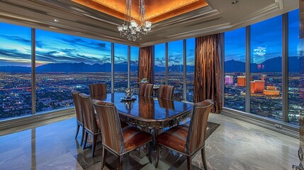 Luxury penthouse dining room with city view