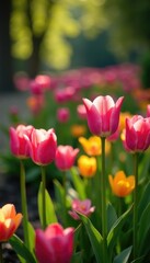 Obraz premium Campo de tulipanes rosa en un jard?n con estanque, primavera, tulipanes