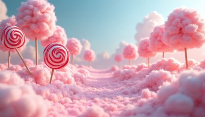 Surreal dreamscape with pink lollipops, cotton candy clouds. Pastel colored sugar dessert wonderland. Fairy tale land with sweets, candy trees. Sweet tooth satisfaction, childish dreams. Fantasy food