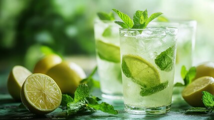 Fototapeta premium Refreshingly sweet glass of homemade lemonade with slices of fresh lemons and ice