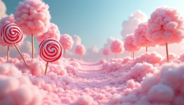 Surreal dreamscape with pink lollipops, cotton candy clouds. Pastel colored sugar dessert wonderland. Fairy tale land with sweets, candy trees. Sweet tooth satisfaction, childish dreams. Fantasy food