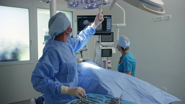 Two veterinary healthcare professionals, a vet doctor, and a technician during pet surgery in an operating room at a clinic, medium shot.