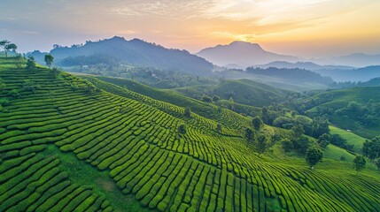 Fototapeta premium Lush Green Tea Plantation Landscape at Sunrise in Scenic Mountains