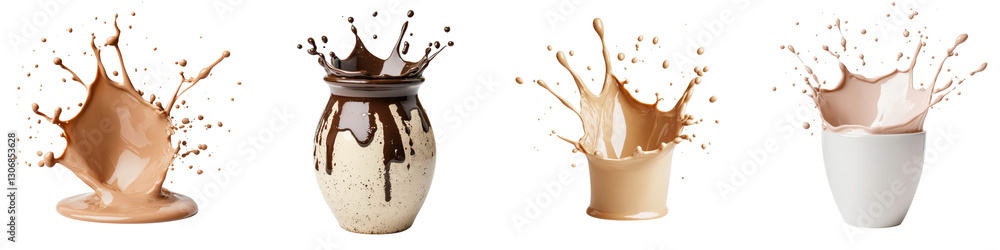 Poster vibrant splashes drips and flows of various liquids like chocolate coffee and milk creating dynamic 