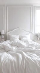 Serene and minimalist bedroom with white bedding in luxurious decor