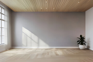 Minimalistic empty room with large window and soft shadows creating a serene architectural background.