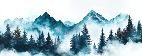Fototapeta premium Serene Mountain Landscape with Fog and Evergreen Trees