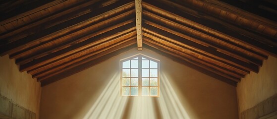 Obraz premium Sunlight streams through attic window, wooden beams