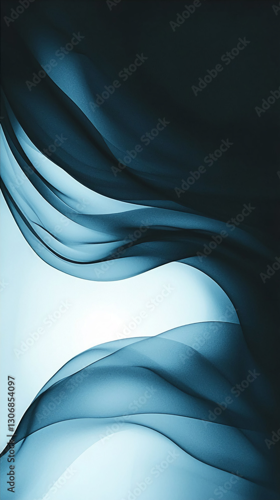 Poster Abstract image of flowing, dark blue fabric creating a wave-like pattern against a light blue background, showcasing elegance and fluidity, suitable for design projects