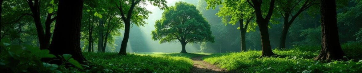 Fototapeta premium Dense foliage surrounds the tree, emphasizing its isolation, trees, serenity, calmness