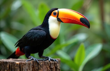 Obraz premium Colorful toucan bird on tree stump against lush green backdrop. Large orange beak, black plumage. Wildlife eco tourism in Parque das Aves Brazil. Tropical bird watches in rainforest.