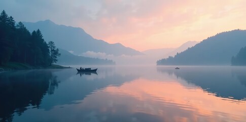 Fototapeta premium Foggy bodensee lake with silhouetted boats and sky, peaceful, calm
