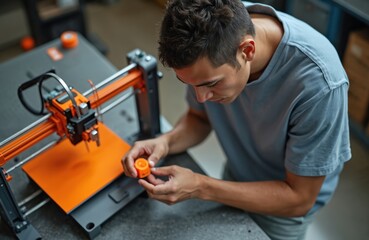 Man measures detail printed on 3D printer in workshop. Student studies orange model, uses engineering design for learning. Three-dimensional printing tech in college laboratory for creative