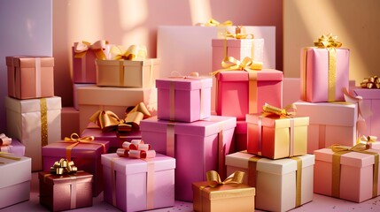 A group of wrapped presents in various colors and patterns.