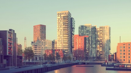 Obraz premium Sunrise cityscape, modern architecture, waterfront buildings, harbor.