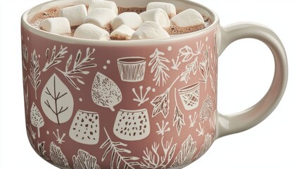 The image is of a mug of hot chocolate with marshmallows on top. the mug is light pink in color with a white floral pattern on it.