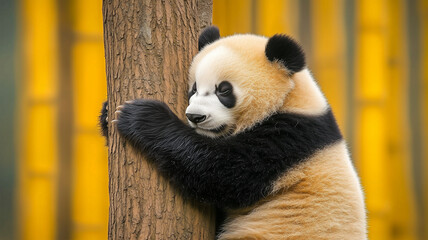 Obraz premium 背中を木にこすりつけて気持ちよさそうなパンダ