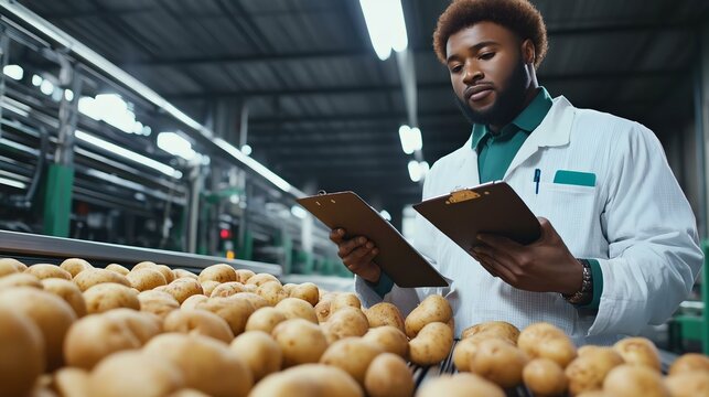 A quality control inspector in a food processing facility examines potatoes, ensuring product quality and safety standards are met.