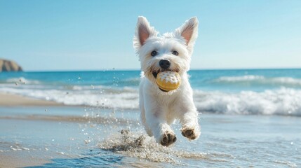 A white dog is running on the beach with a yellow frisbee in its mouth
