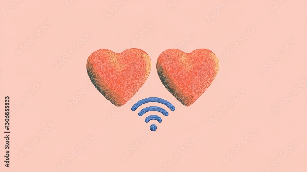 Poster digital illustration of two hearts on a light pink background. the hearts are made up of a repeating