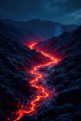 Fototapeta premium Lava flows through a volcanic crater at night, rocks, natural