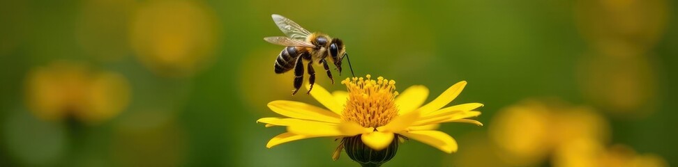 Leafcutter bee hovering above sneezeweed flowerhead, pollen,