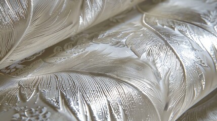 A close-up of white and silver wallpaper with an embossed feather pattern.