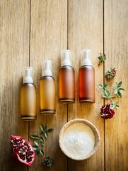 Frascos de productos naturales sobre una mesa de madera, rodeados de ingredientes frescos y un cuenco con polvo blanco.