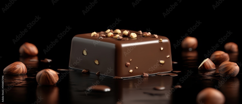 Poster delicious dark chocolate square with hazelnuts and cocoa pieces on glossy surface with dark backgrou
