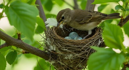 Naklejka premium Mother Bird Arranging a Cozy Nest for Her Eggs