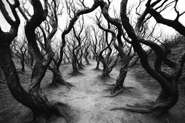 A mystical forest poisoned by dark magic, its vegetation twisted and lifeless from contamination