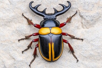 A mystical stag beetle (Arthropoda) with golden armor-like exoskeleton, revered as a sacred creature in an ancient temple