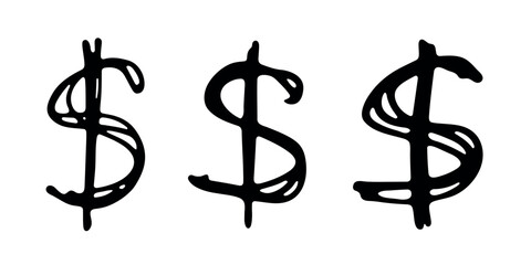Hand drawn dollar currency symbol set Brush stroke doodle Single element for design