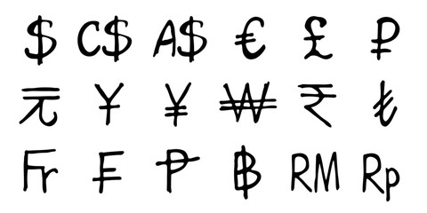 Hand drawn currency symbol set Dollar euro pound ruble yuan yen won rupee lira franc peseta baht ringgit rupiah