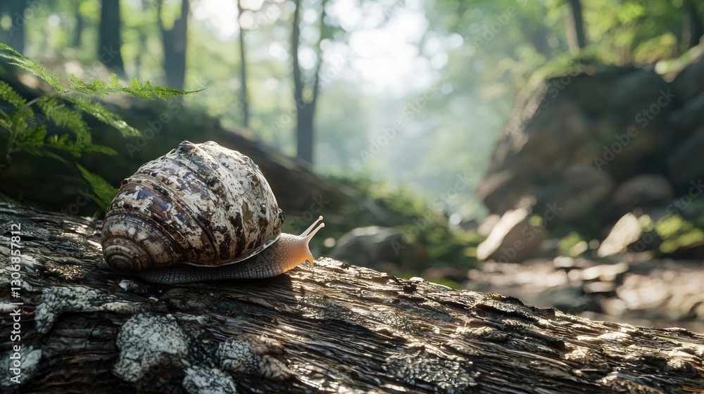 Poster snail crawling on a log in a forest.