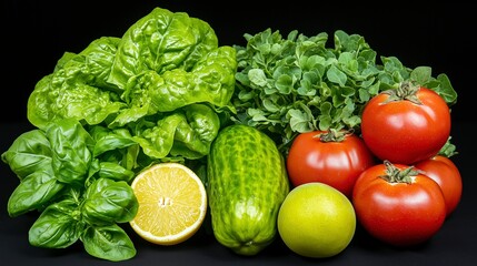 Obraz premium Fresh plant-based ingredients showcase kitchen setting food photography vibrant colors close-up healthy lifestyle